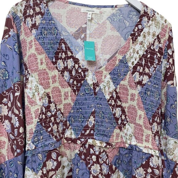 NWT Maurices Tunic Top XXL Rayon Patchwork Purple Print Long Sleeves - Picture 4 of 10